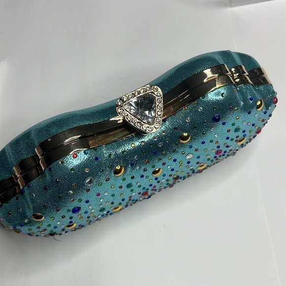 Damara Hardshell Evening Teal Metallic Geometric Clutch Shoulder Bag - New - Picture 12 of 12